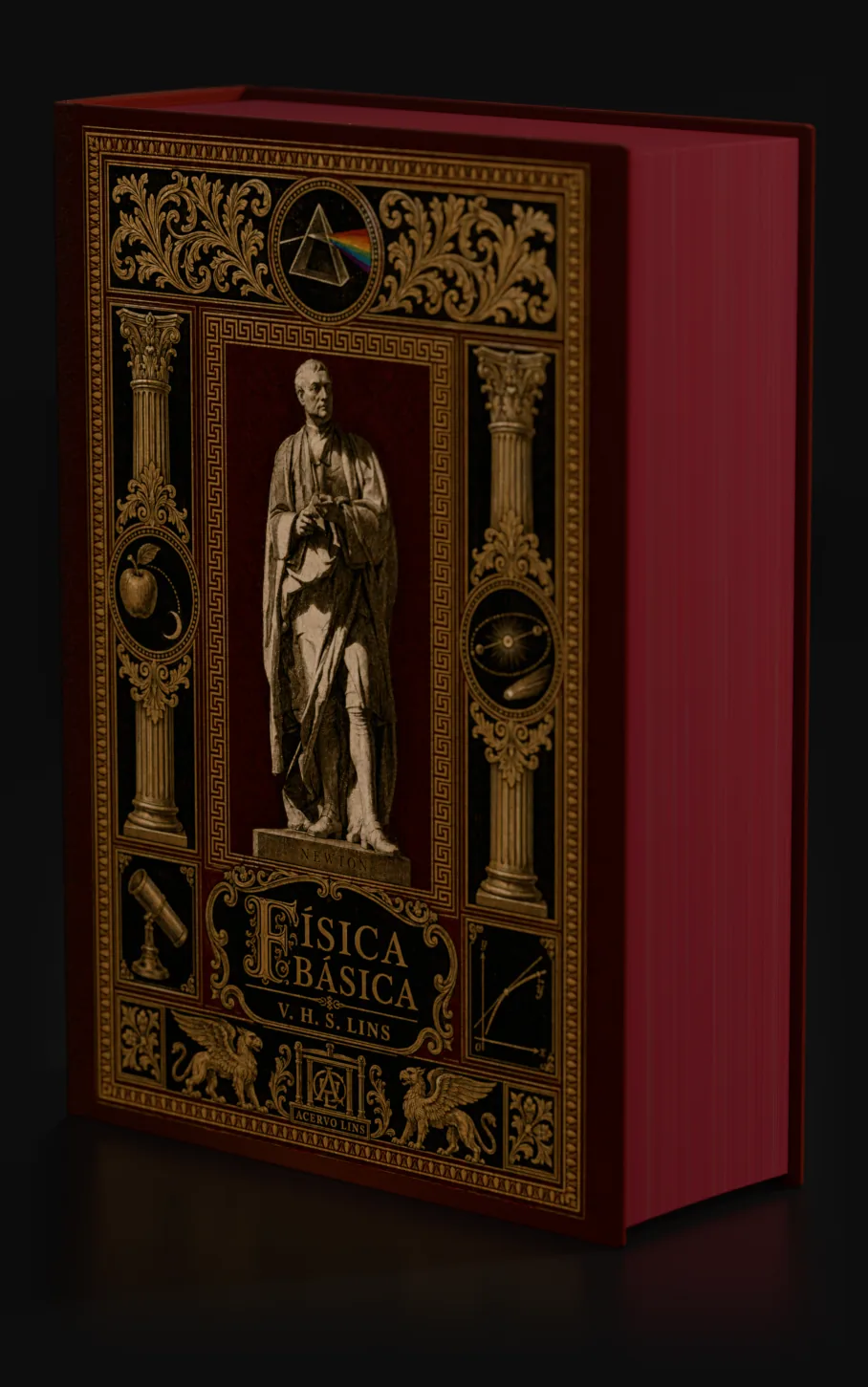 O Física Básica em capa dura, em três-quartos, com a capa e o corte da frente pintado de vermelho escuro