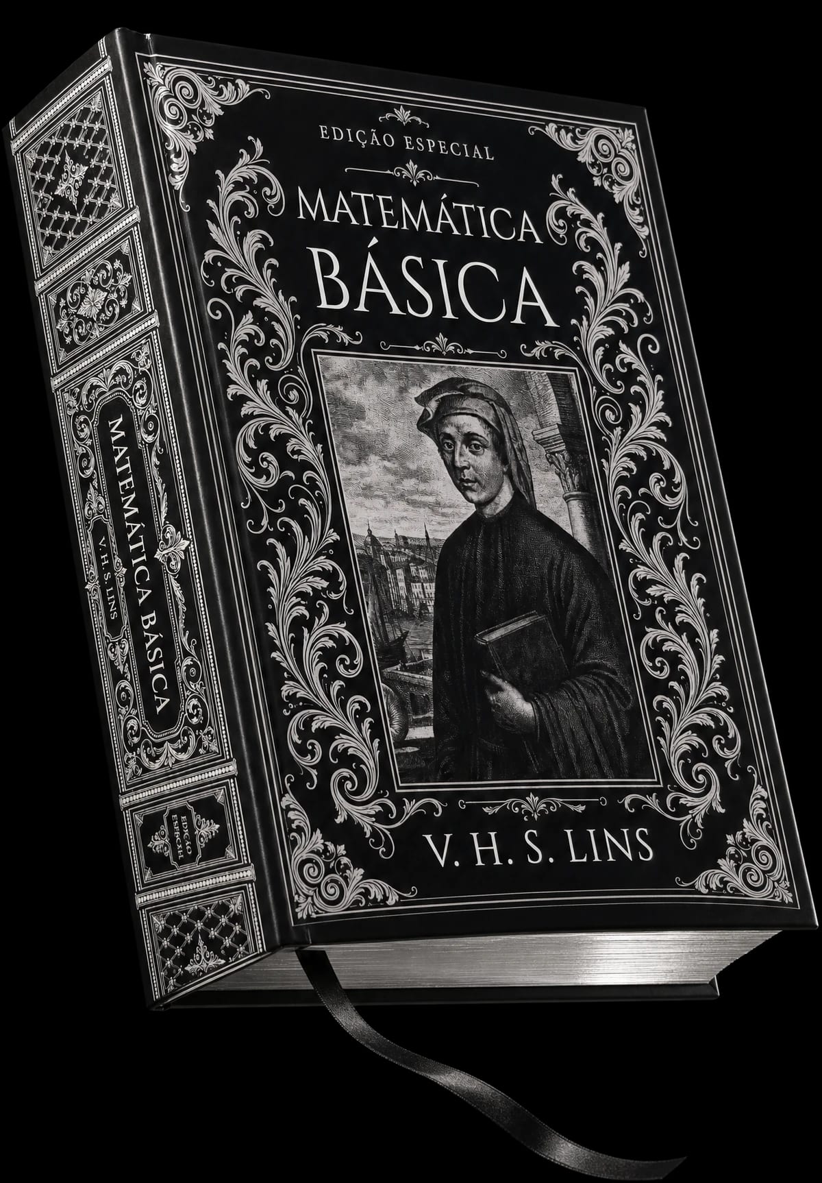 O Matemática Básica do Lote 03 fechado, de três quartos: capa dura preta com ornamento prateado e pintura prateada nos três cortes